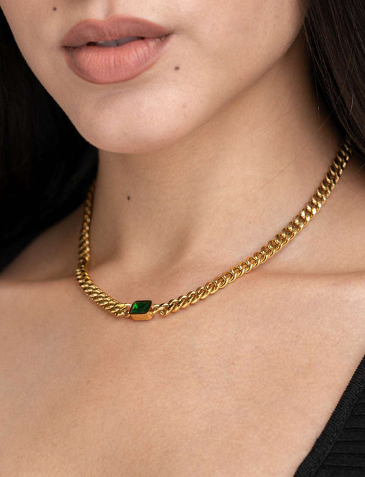 Green Stone Necklace with Cuban Link Choker Chain